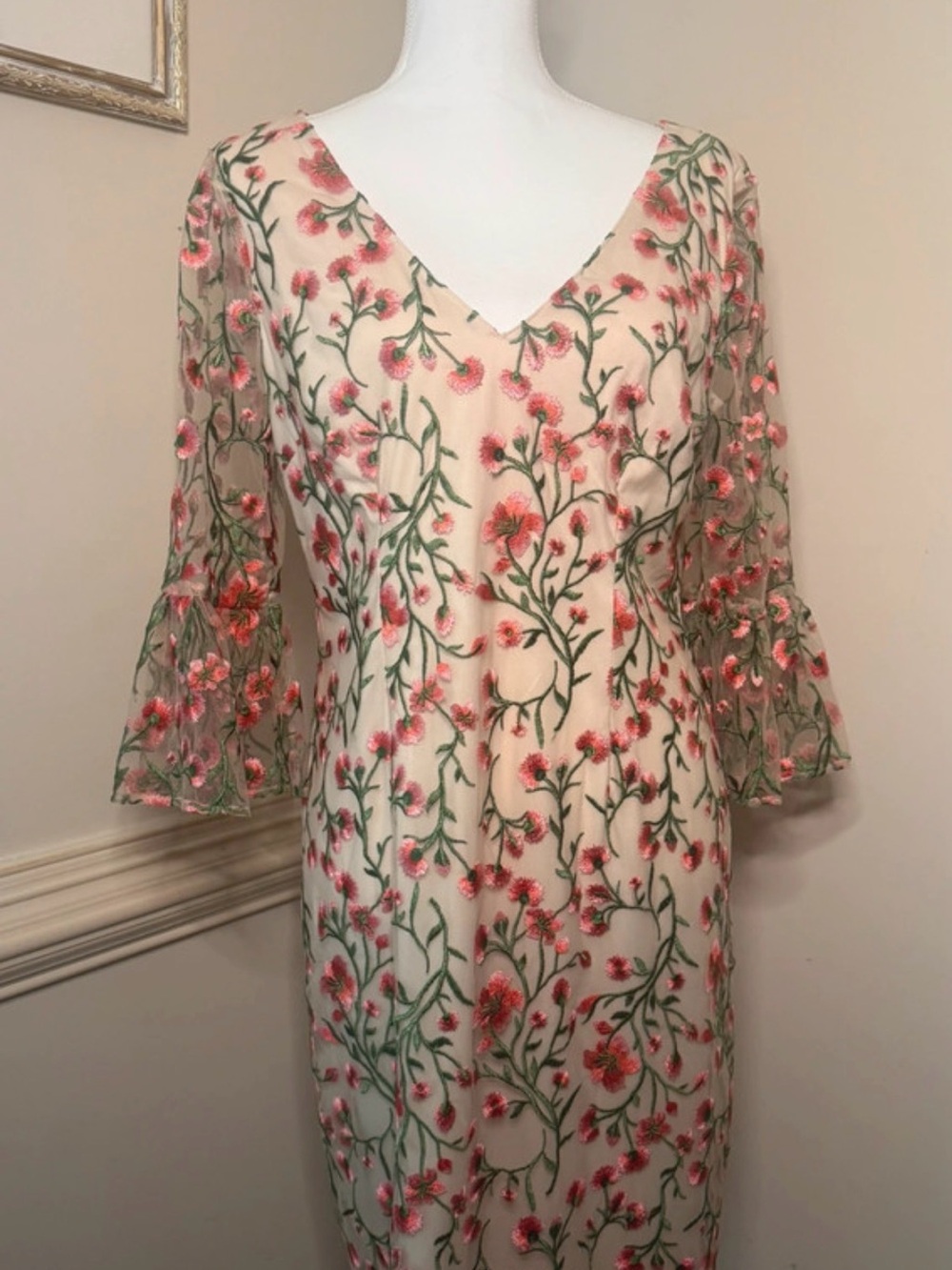 Adrianna Papell Cream Dress with Pink Floral Embroidery